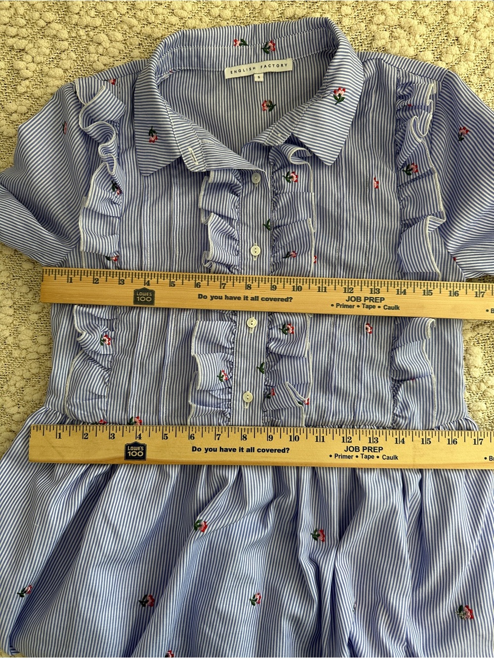 English Factory Floral Embroidered Blue Striped Ruffle Shirt Dress Small S - Picture 7 of 7